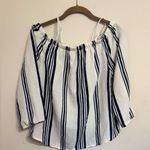 Hint of Blush | Navy & White Striped Off the Shoulder Sheer Blouse | Medium Photo 3