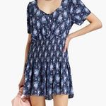 Love Shack Fancy Brickell Blue Gathered Floral Print Crepe Mini Dress Size Large Photo 0