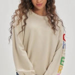 Aerie Oversized Down to Earth 'Cheers' Crew Sweatshirt Cream Womens XXL Photo 0