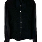 VTG Ravel Large Top Silk Semi Sheer Ruffled Gathered Front Pearl Button Up 364 Black Photo 0