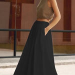 Commense Linen Pleated Maxi Skirt Black Size Small Lined Full A Line Like New Photo 0