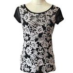INC Illusion Mesh Overlay Floral Print Top Size S Black Short Sleeve Whimisgoth Photo 0