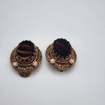 Vintage West Germany Gold Tone Brown Porphyry Glass & Rhinestone Clip Photo 2