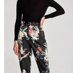 ZARA L Pants Trouser Satin Crane Black Botanical Womens Pull on 27" Inseam Photo 0