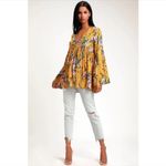 Free People Bella Golden Yellow Floral Print Tunic or Babydoll Dress Size Large Photo 1