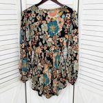 Angie Boho Floral Lace Trim Neck Tunic Blouse Black Multi Medium Photo 8