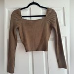Boutique  Brown Ribbed Knit Crossover Cropped Sweater Photo 2
