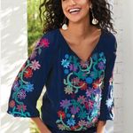 Soft Surroundings Emanuella Embroidered Flower Top Size M Navy Blue Bohemian Photo 1