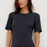 Free People We The  Picture You Tee Sz L Gray Ribbed‎ Boho Distressed Coastal Photo 0