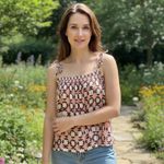 Loft Geometric Print Linen blend Smocked Swing Tank Top Pink White Brown Size L Photo 1