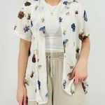 vtg dreamy watercolor ivory slate blue delicate button down top feminine floral White Size L Photo 1