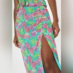 Lulus Bouquet, Girl, Hey Green Floral Print Ruched Slit Midi Skirt size Medium Photo 5