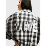 Desigual  Shirt Women's Size Medium 'Vive' Patchwork Plaid Long Sleeve Cotton B&W Photo 2