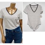 SO  Women's White Black Stripe Short Sleeve V-Neck T-Shirt Tee Bodysuit Size L Photo 1