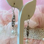 Dangle Earrings Silver Tone Filigree Faux Pearl Drop Leverback Jewelry Photo 1