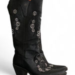 Black White Embroidered Floral cowboy western boho leather boots pointed toe mid calf #hippie #indie #gothic #fairycore Photo 0