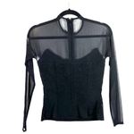Tadashi Shoji Tadashi Vintage Black Beaded Mesh Blouse Long Sleeve Size Small Photo 2