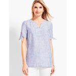 Talbots Linen White blue stripe tie sleeve top SIze XS Photo 1