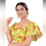 None Women’s Yellow Floral Silk Ruffle Short Sleeve Cropped Blouse Size Medium Photo 3