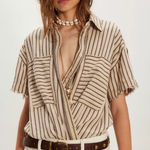 Free People  Ivory Striped Christopher Linen Shirt Oversized Sz S NWT Photo 0