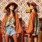 BUCKETLIST Lydia Mixed Print Balloon Sleeve Blouse L Orange Size L Photo 1