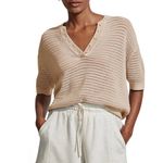Varley  Callie Knit Boxy Split V-Neck Short Sleeve Top Open Knit Moonlight Tan M Photo 1
