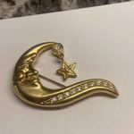 Crescent Moon With Sleeping Hat & Dangling Star Brooch Pin Gold Tone Rhinestone Photo 7