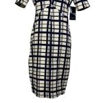 ZARA  Pencil Shift Dress Navy Blue White Plaid Short Sleeve Square Neckline Sz S Photo 4