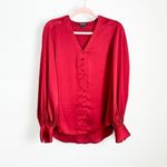 EXPRESS  Satin Silky V neck Button Detail Balloon Sleeve Blouse Top Crimson Med Photo 1