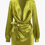Micas Solid Tie Front Draped Cowl Neck Belted Mini‎ Dress Photo 0