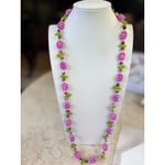 1960's style lucite Purple & Pink Floral Beaded Necklace With Green Leaf Accent Photo 3