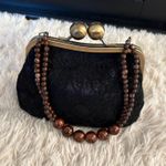 Vintage 1940 Black Lace Kiss Lock Handbag with Beaded Handle Gold Ball Closure Photo 0