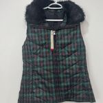 Talbots  Womens Puffer Vest‎ Small Green Plaid Tartan Faux Fur Collar Down Filled Photo 0