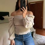 Satin Long Sleeve Top Tan Size M Photo 2