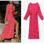 ZARA Women's Floral Jacquard Long Sleeve Tie Waist Long Wrap Dress Fuchsia Sz XS Photo 1