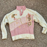 Vintage Floral Embroidered Pink and Cream ugly sweater Sweater cottagecore Size M Photo 0