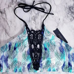Ambrielle Bra Swimwear Sz Large High Neck Lace Pattern Halter Strap Geometric Blue Photo 0