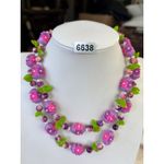 1960's style lucite Purple & Pink Floral Beaded Necklace With Green Leaf Accent Photo 2