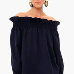 Tuckernuck  Marguerite Off The Shoulder Ruffle Long Sleeve Top Womens Medium Navy Photo 0