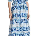 Apiece Apart  Gali Organic Cotton Shirred Blue and White Midi Dress SMALL Photo 0