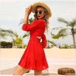 Exlura Lantern Sleeve Tie Back Casual Dress Ruffled Off Shoulder A-Line Red (89) Photo 2