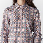 Talbots  Button Down Shirt XS Red Blue Tile Print Cotton Long Sleeve Photo 1