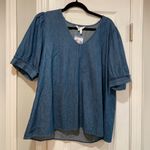 Draper James NWT  Size L Blue Denim V Neck Puff Short Sleeve V Neck Blouse Photo 0