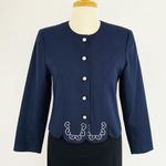Vintage Reina Blazer Womens 10P Navy Blue Pearl Button Embroidered Career Jacket Photo 0