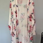 Tickled Teal  Long Length Open Front Top w/ Pockets Women's Size XL White Flora Photo 0