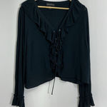 Forever 21 Womans Navy Long Sleeve V Neck Ruffle Accent Tie Front 1x Plus Blouse Photo 0