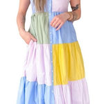 Aureum Hallie Poplin Pastel Color Block Tiered Midi Dress XS Blue Photo 0