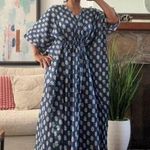 Floral hand Block Printed Long Kaftan Dress Blue Printed Kaftan Size undefined Photo 0