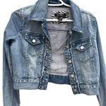 White House | Black Market WHBM Ruffle Feminine Bedazzled cropped denim jacket Photo 4