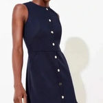 Loft  Womens 14 Navy Blue Gold Button Front Zip Back Sleeveless Ruffle Hem Dress Photo 0